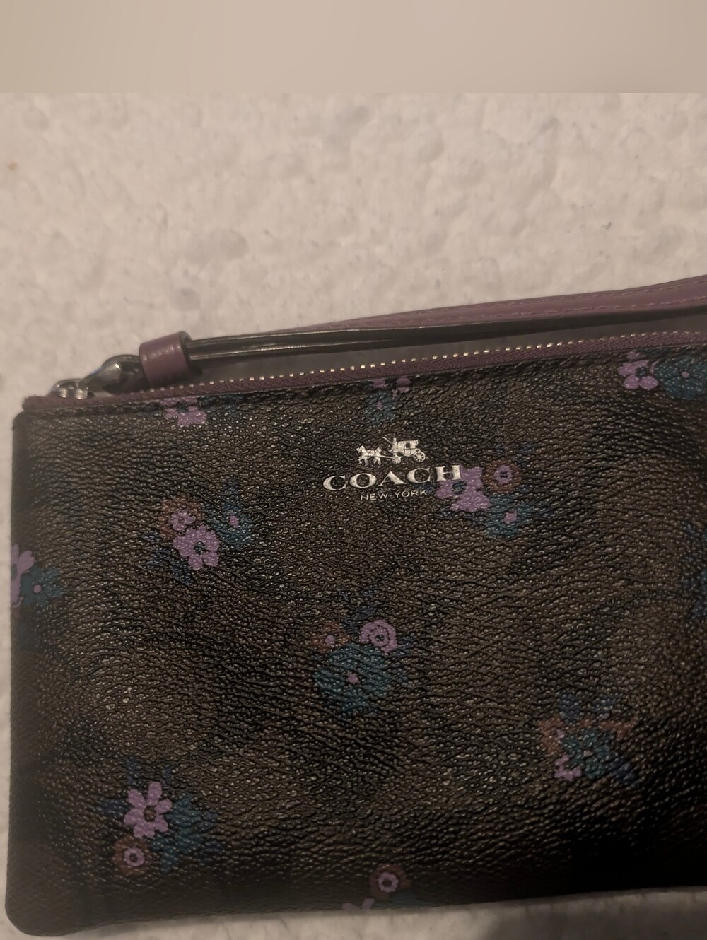 Coach Floral Zip Wristlet Pouch in Black and Purple